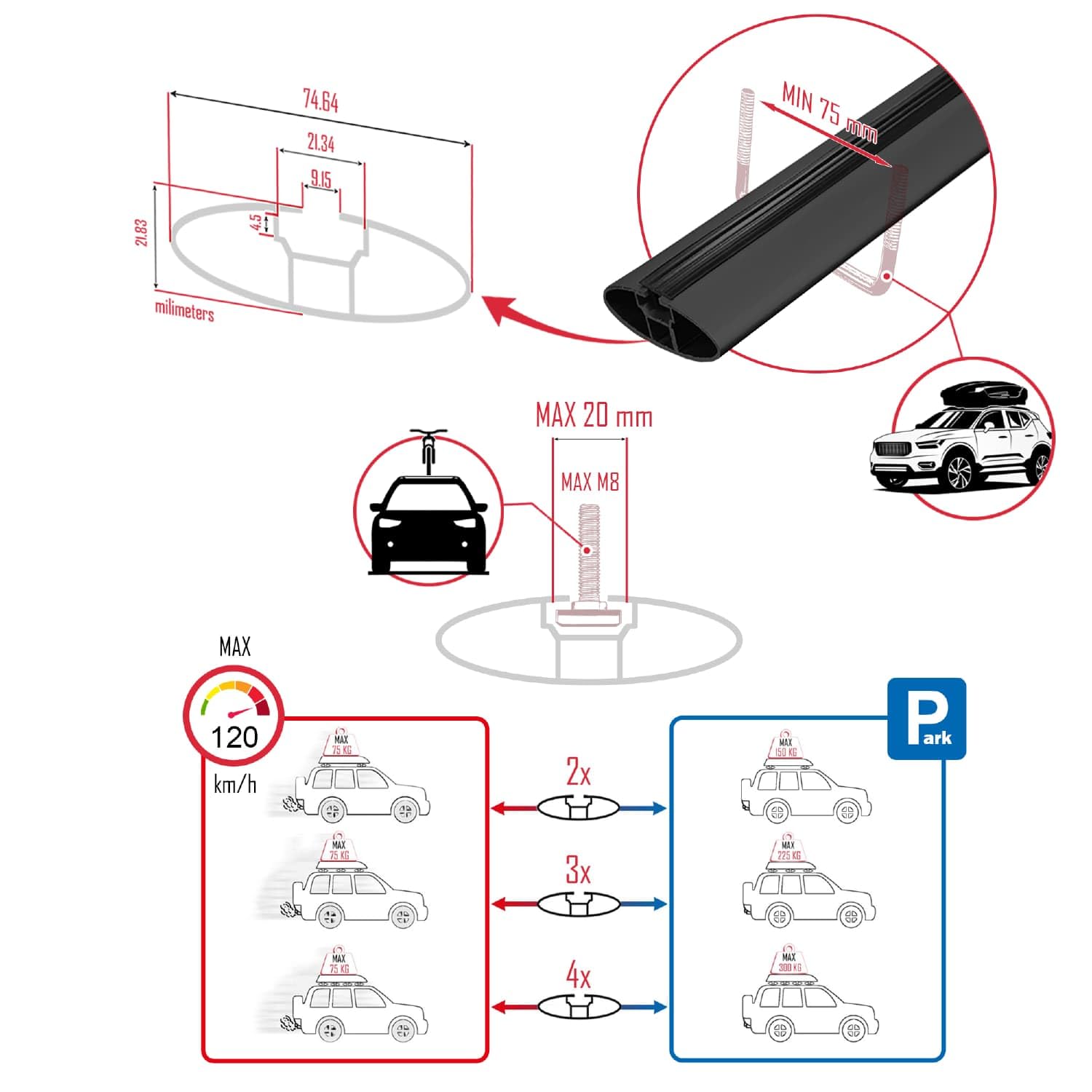 Black Aluminum Roof Rack Cross Bar Set for Kia EV6 (2 Bars)