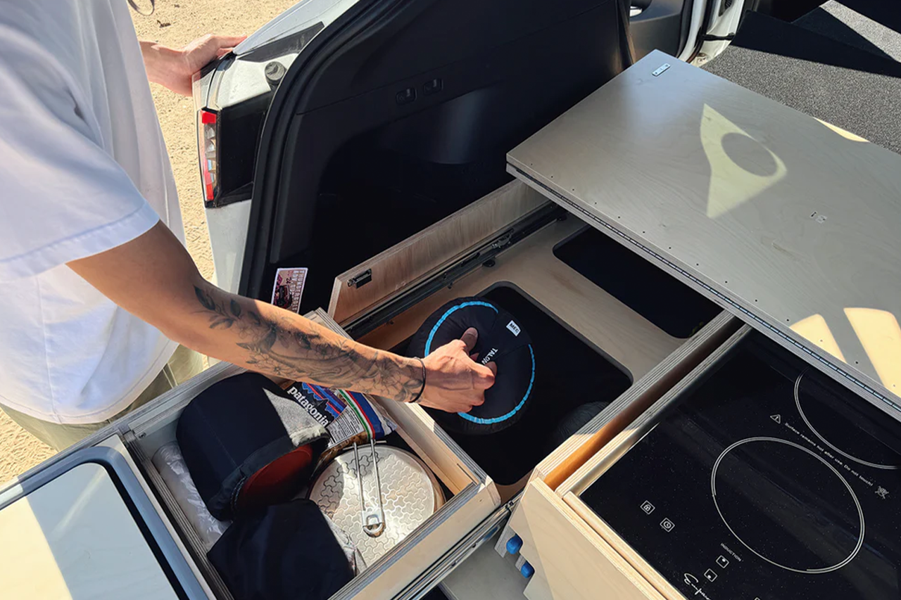 Modular Camp Kitchen, Sleep / Bedding Platform and Storage Drawer System for Tesla Model Y - by Fruble