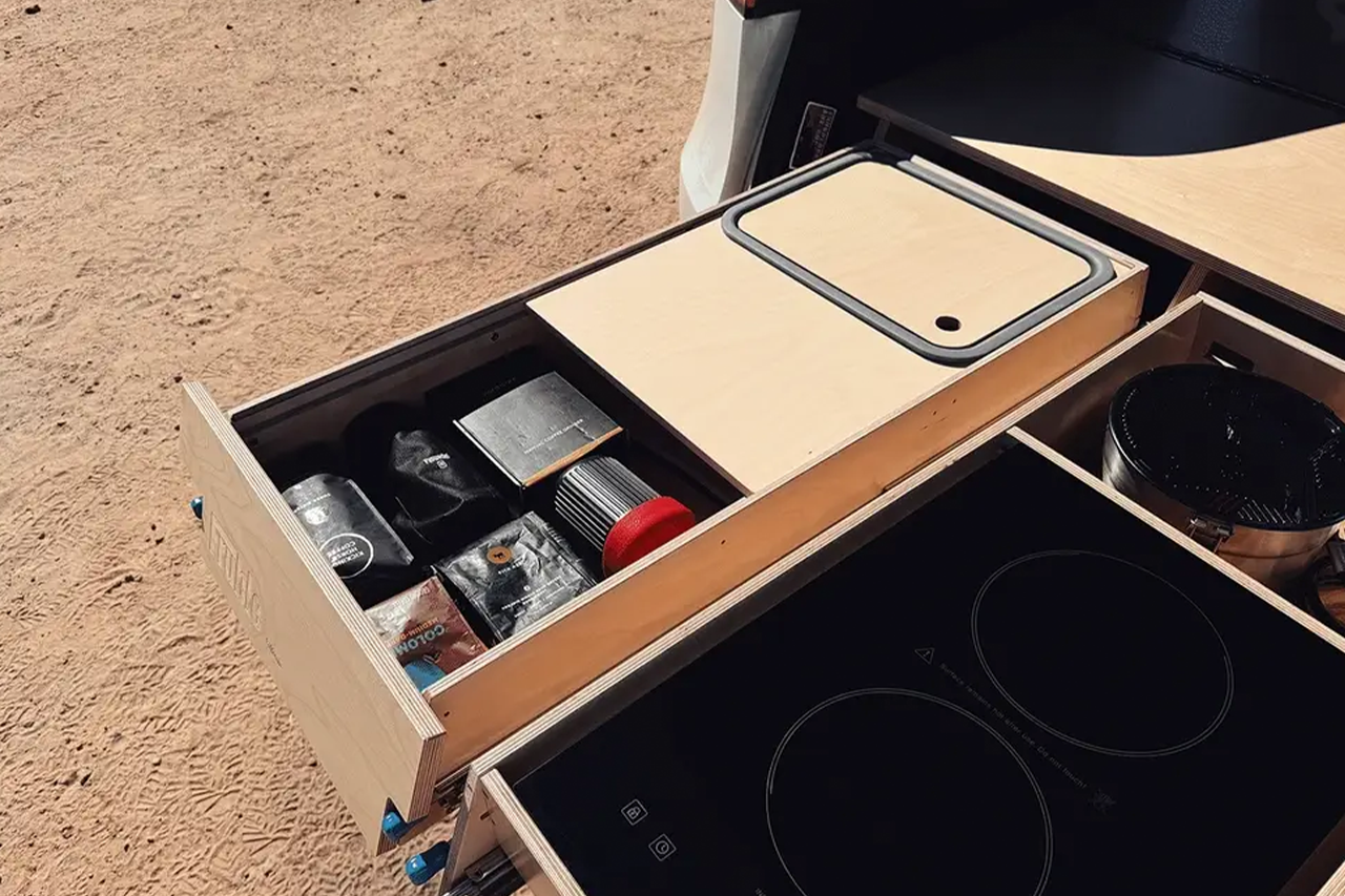 Modular Camp Kitchen, Sleep / Bedding Platform and Storage Drawer System for Tesla Model Y - by Fruble