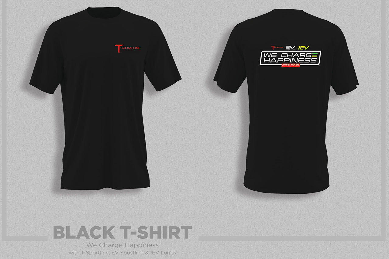 "We Charge Happiness" Black Crew Neck T-Shirt by EV Sportline / Team 1EV / T Sportline