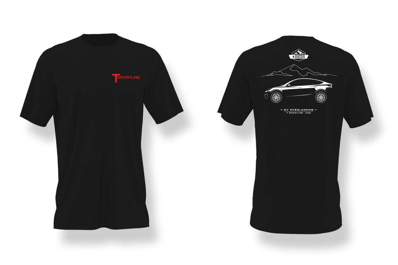 Lifted Tesla Model Y "Aspen Charged EV Overlanding" Black Crew T-Shirt by T Sportline