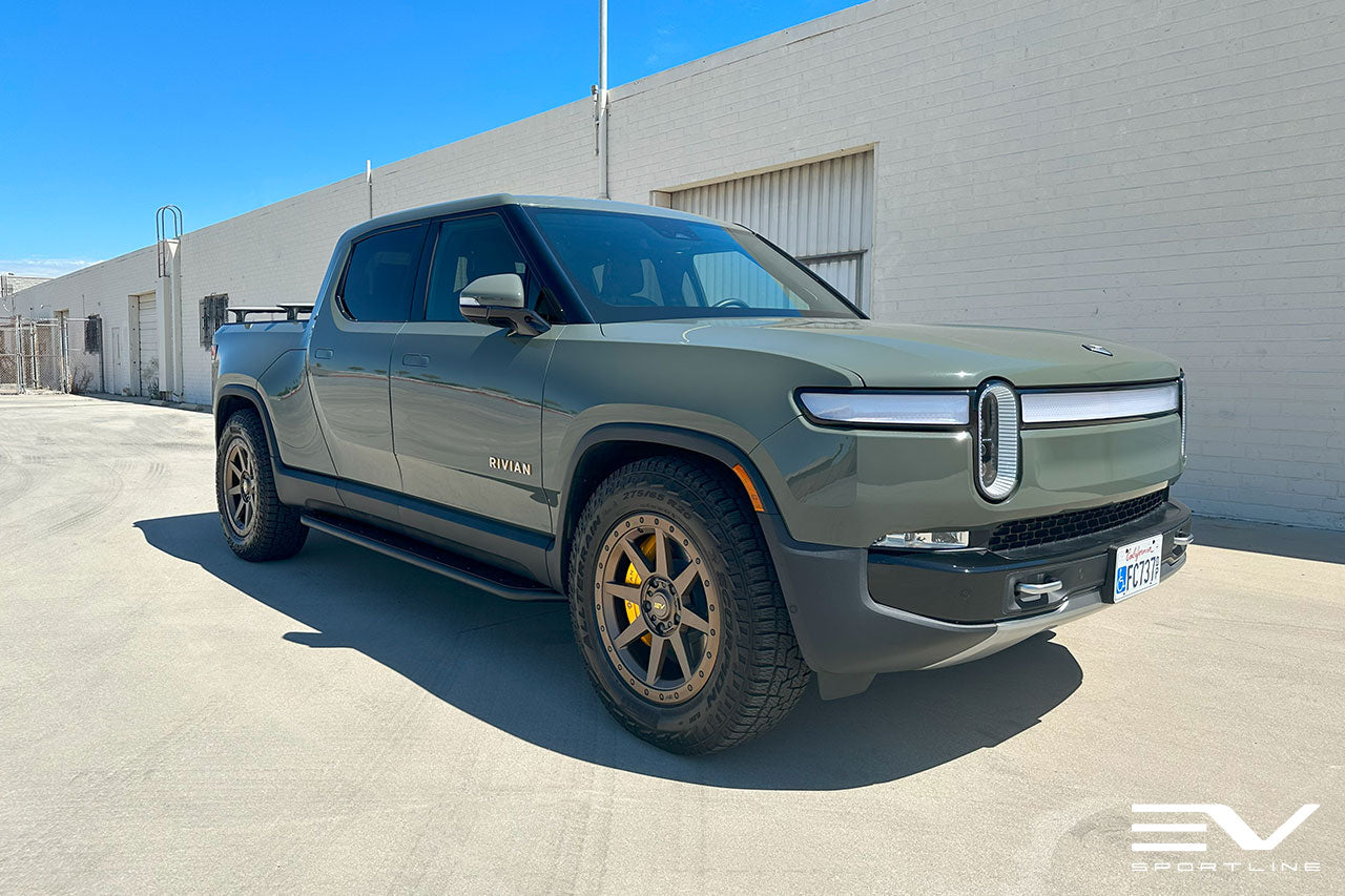 Launch Green Rivian R1T with R800 in Adventure Bronze and Triple Square Rock Sliders