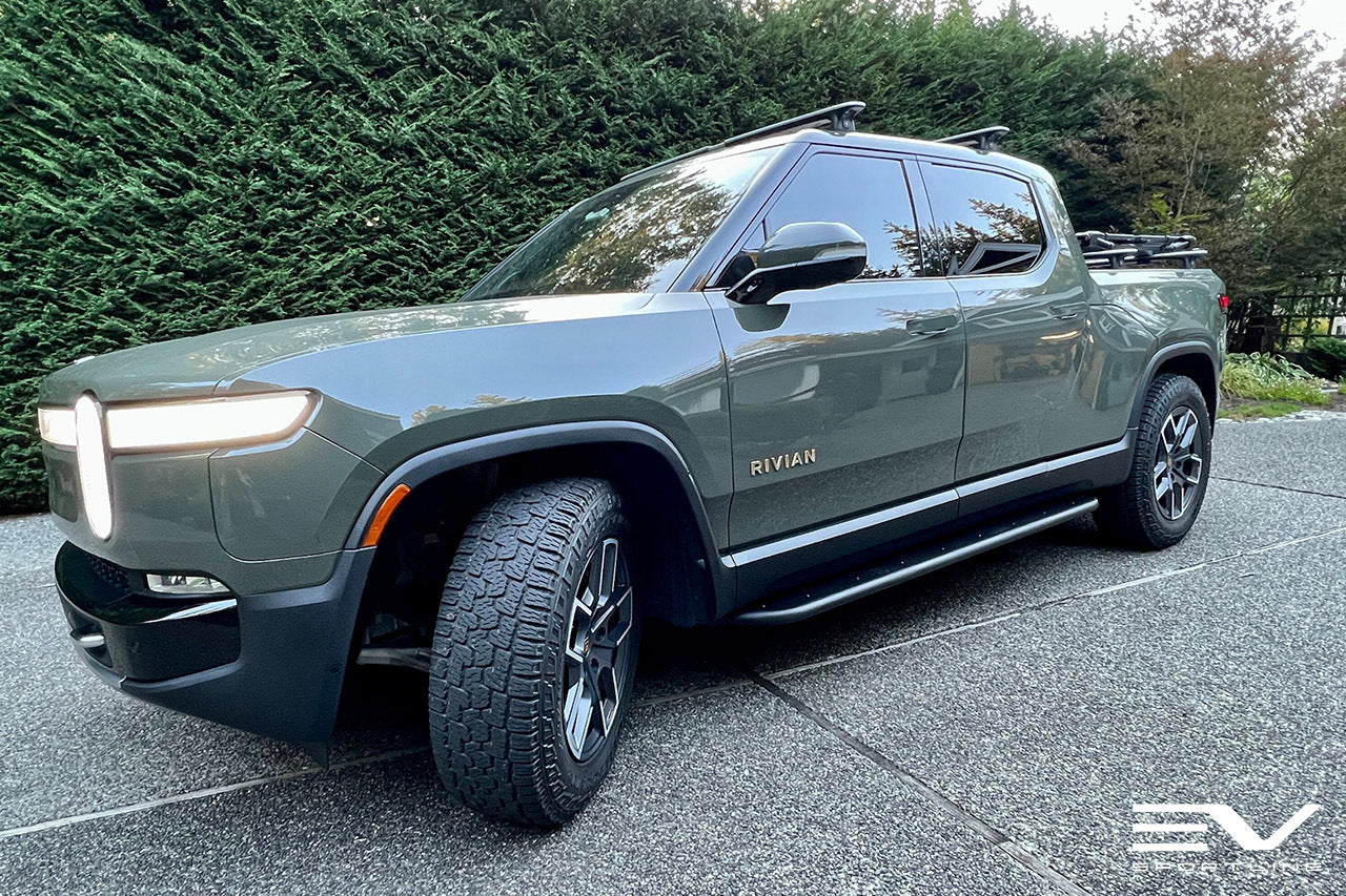 Launch Green Rivian R1T with Triple Square Rock Sliders
