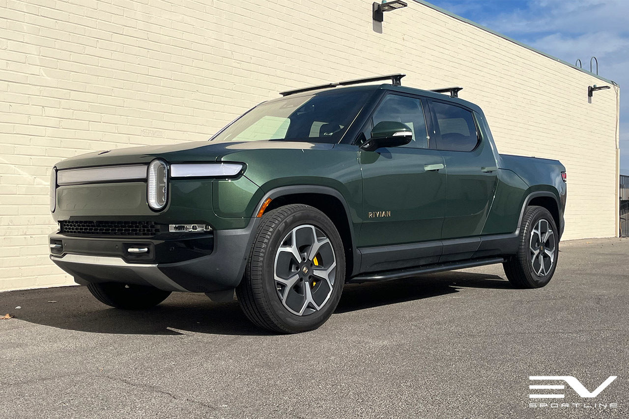 Green Wrapped Rivian R1t Forest Green Rivian R1T with Triple Square Rock Sliders - EV Sportline ...
