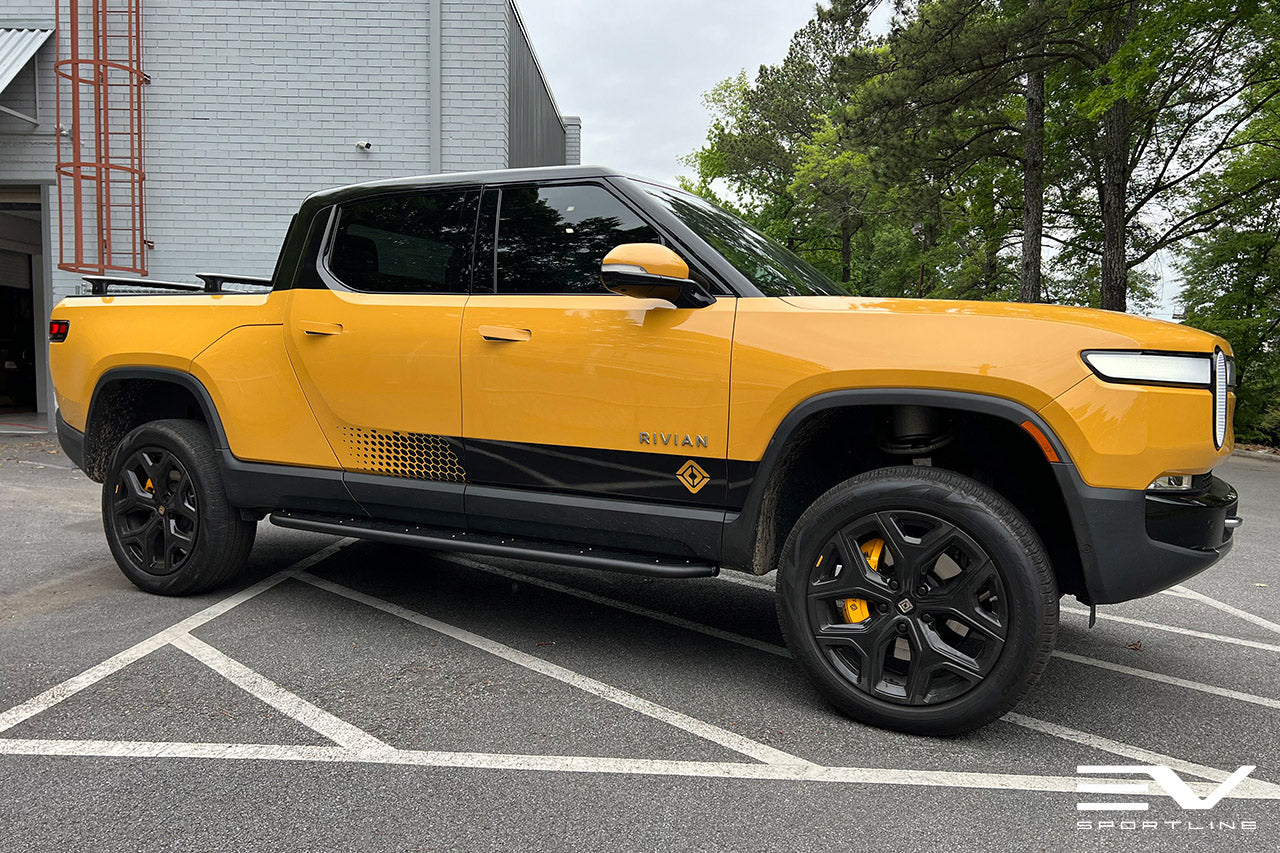 Compass Yellow Rivian R1T with Triple Slot Thread Running Boards - EV  Sportline - The Leader in Electric Vehicle Accessories