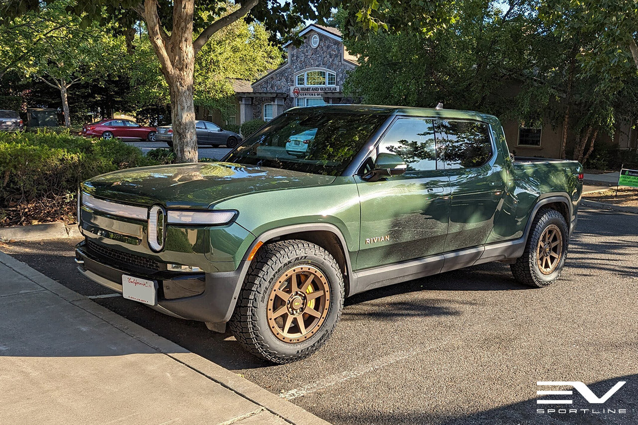 Modified Neon Green Rivian R1t Forest Green Rivian R1T with Adventure Bronze 20