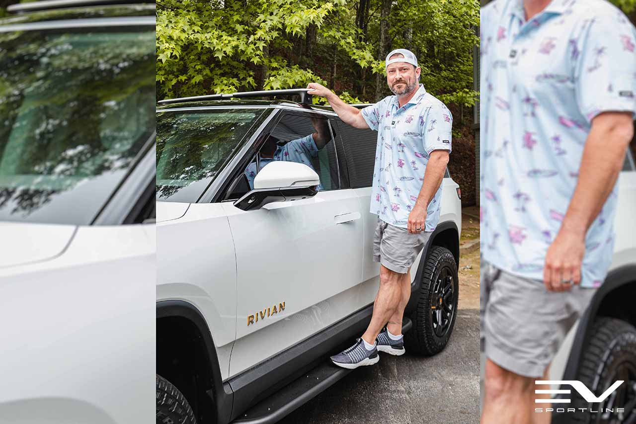 Glacier White Rivian R1S with Triple Slot Thread Running Boards