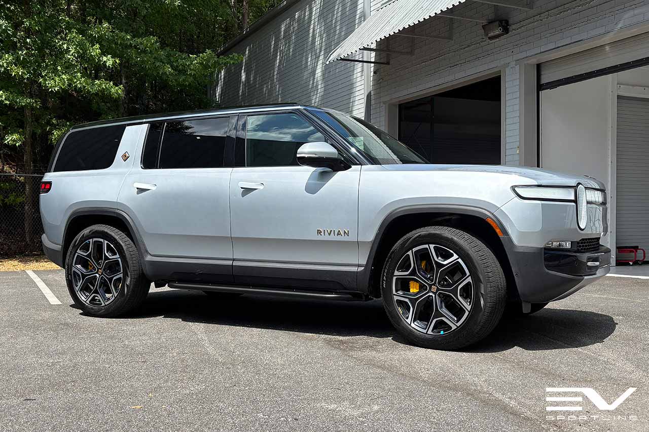 LA Silver Rivian R1S with Triple Square Rock Sliders - EV