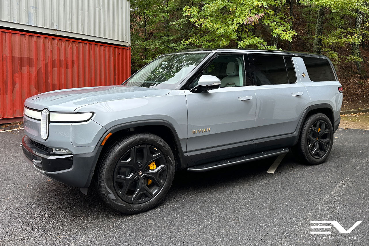 LA Silver Rivian R1S with Triple Slot Running Boards EV Sportline