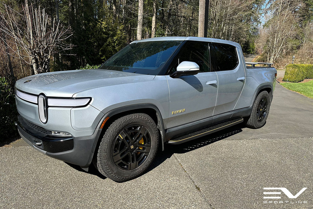 LA Silver Rivian R1T with Triple Slot Running Boards - EV Sportline ...