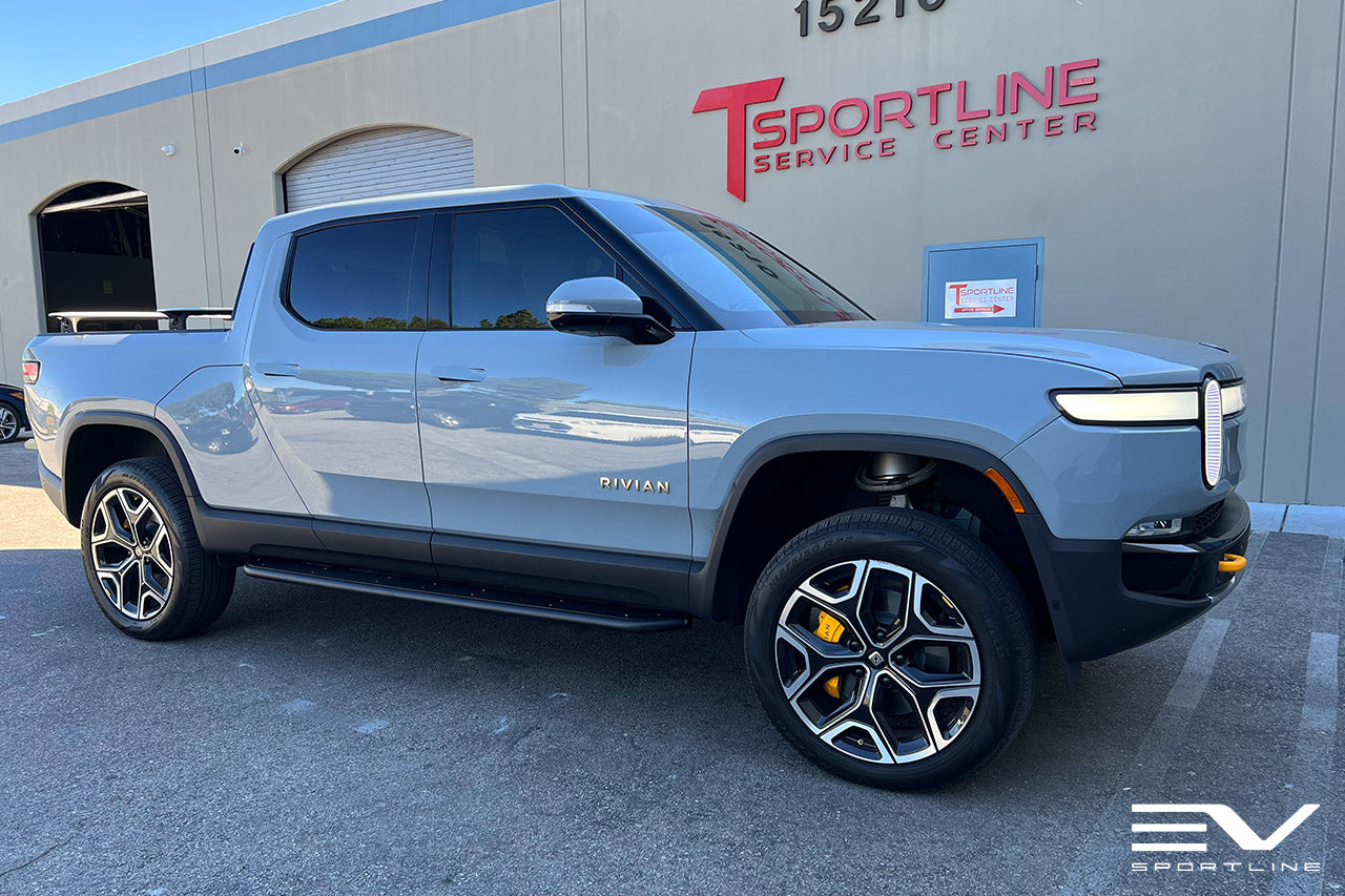 Limestone Rivian R1T with Triple Square Running Boards