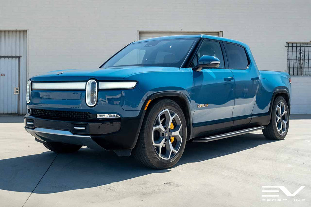 Rivian Blue Rivian R1T with Triple Square Thread Running Boards - EV ...