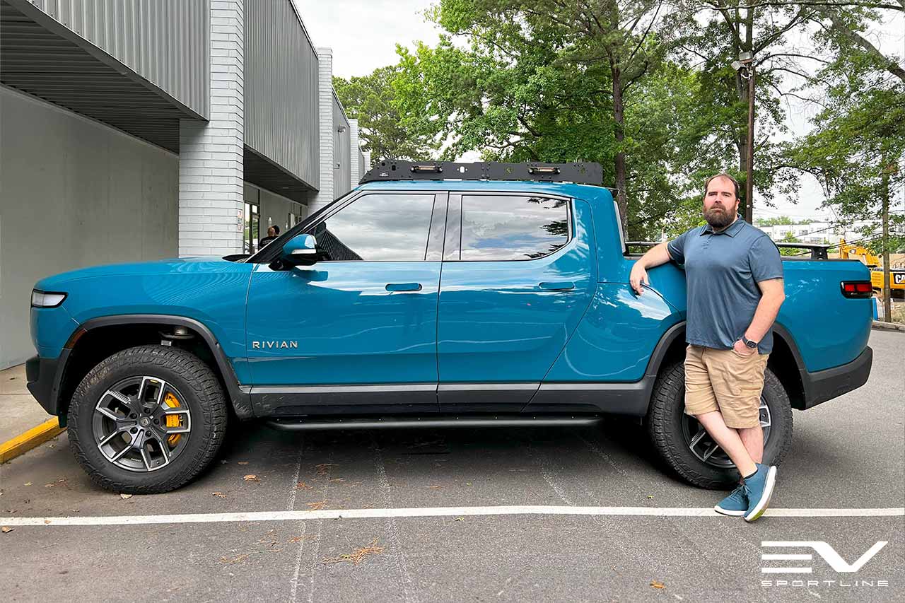 Rivian Blue Rivian R1T with Triple Square Thread Rock Sliders