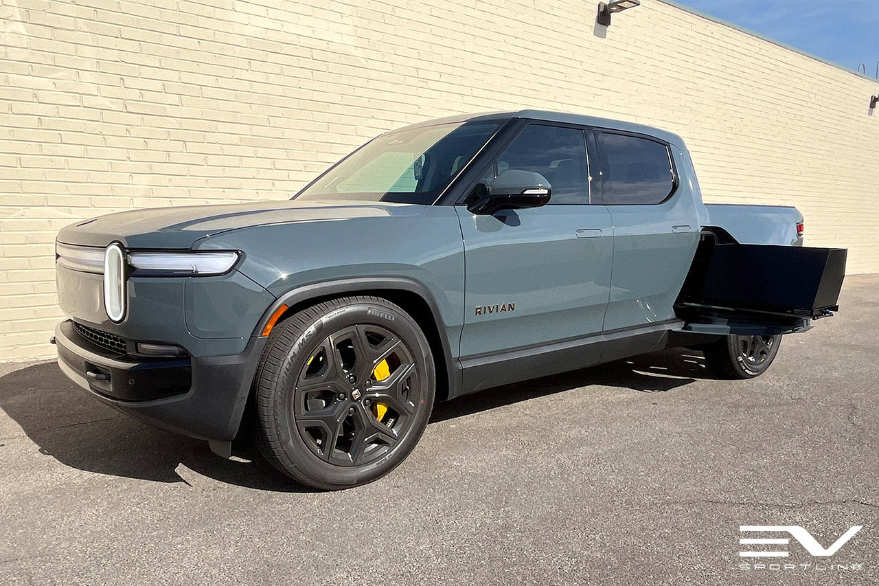 Storm Blue Rivian R1T with RMAXX Gear Tunnel Storage System