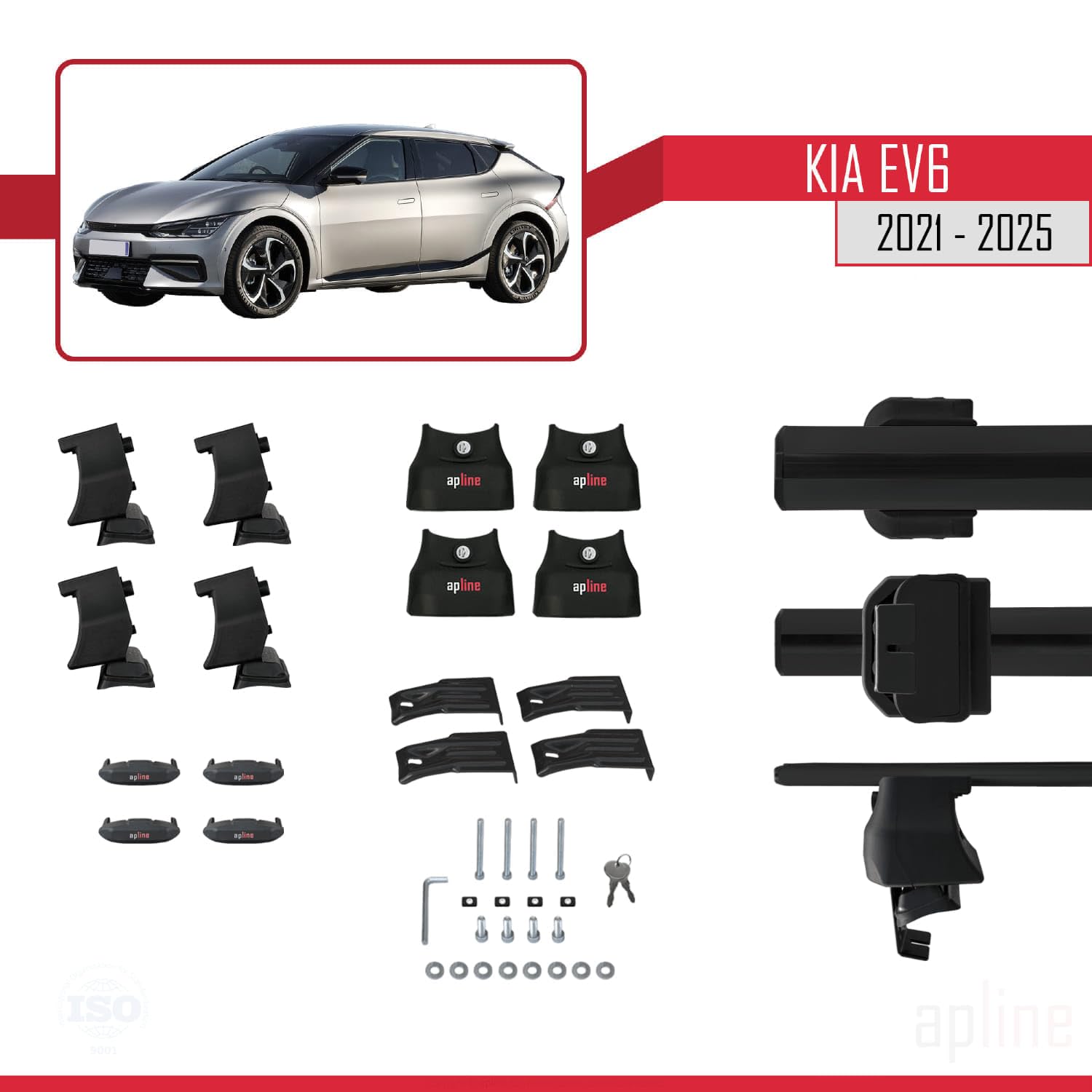 Black Aluminum Roof Rack Cross Bar Set for Kia EV6 (2 Bars)