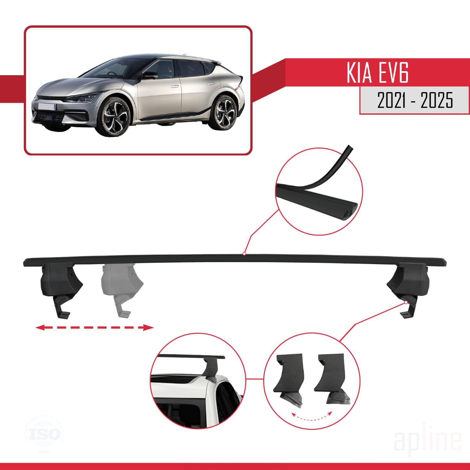 Black Aluminum Roof Rack Cross Bar Set for Kia EV6 (2 Bars)