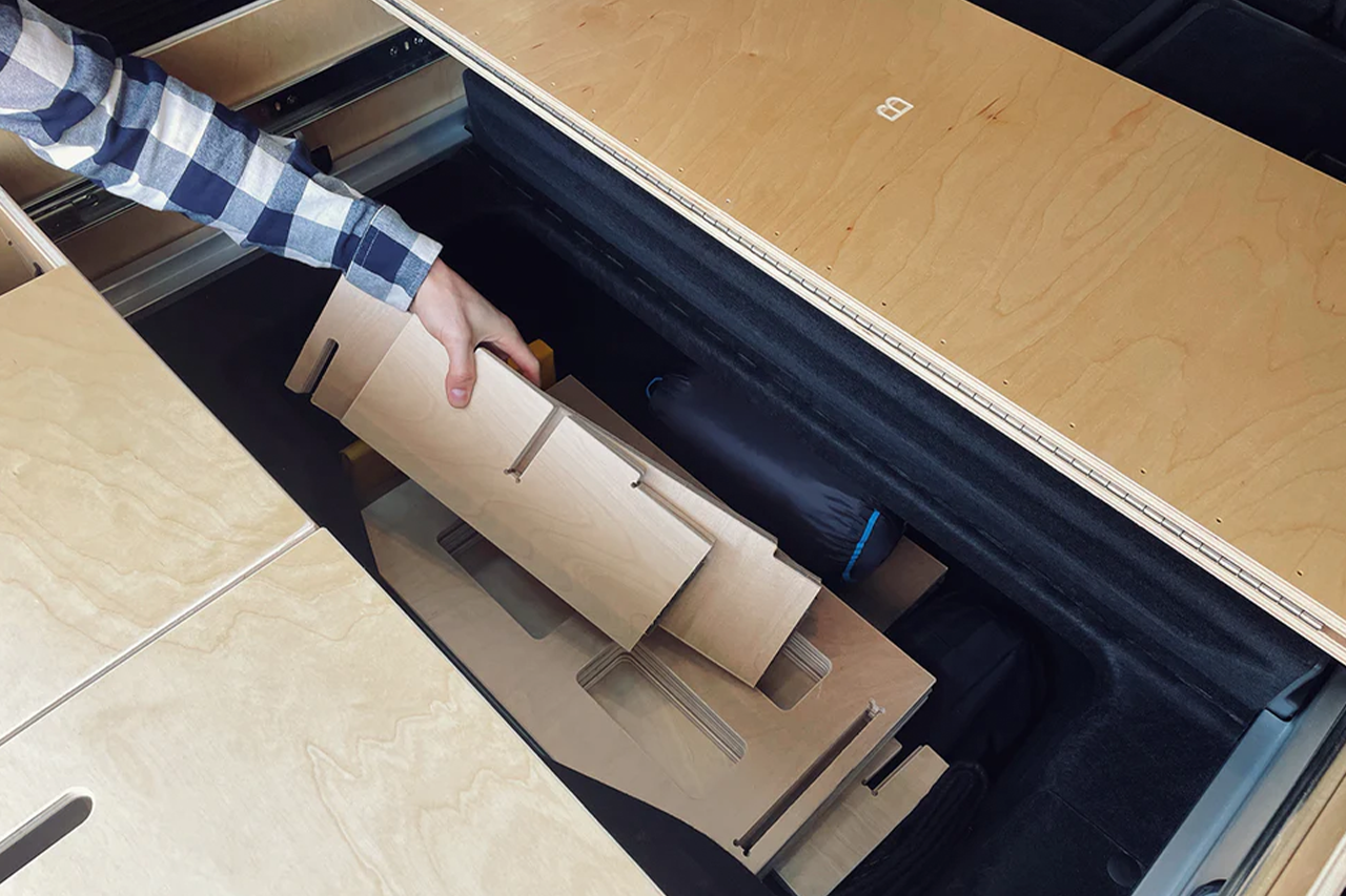 Modular Camp Kitchen, Sleep / Bedding Platform and Storage Drawer System for Rivian R1S Rear Cargo Area - by Fruble