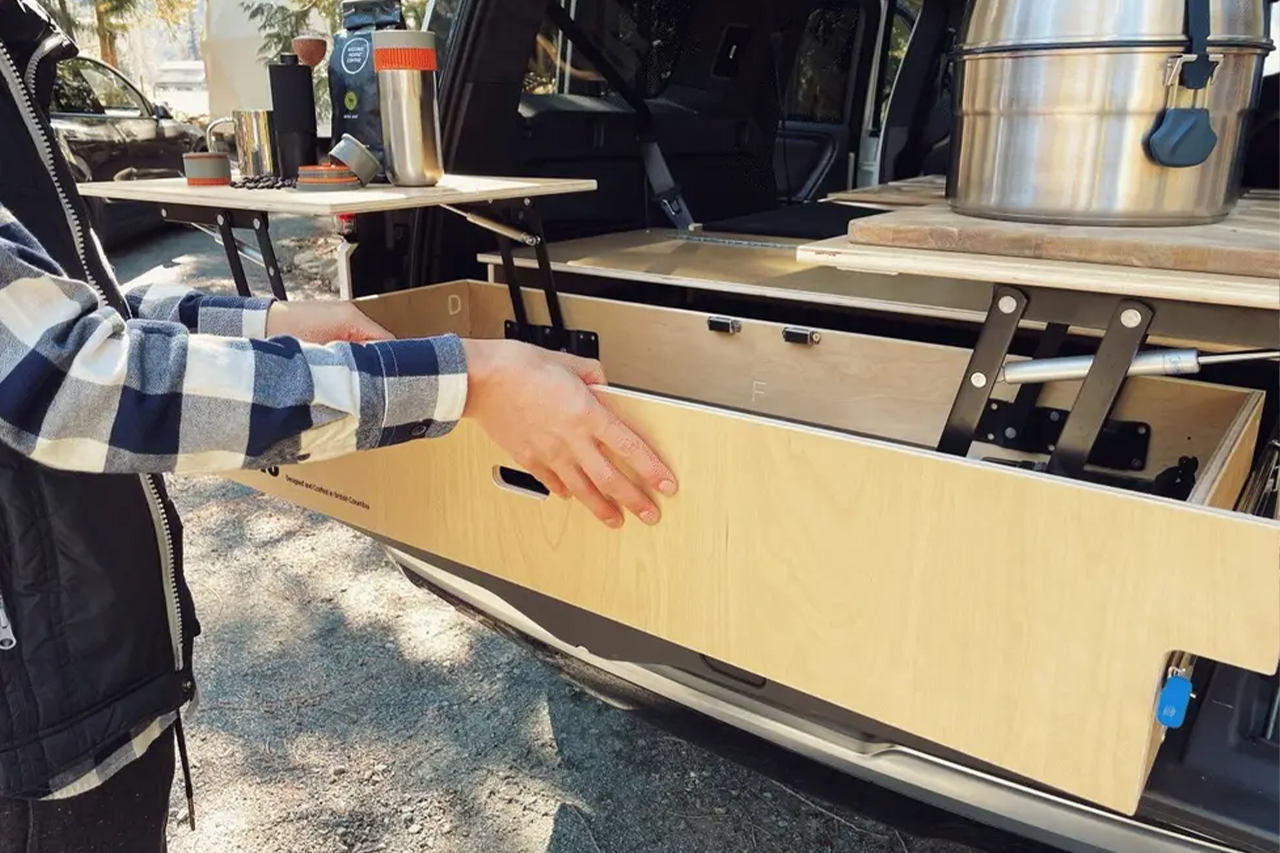 Modular Camp Kitchen, Sleep / Bedding Platform and Storage Drawer System for Rivian R1S Rear Cargo Area - by Fruble