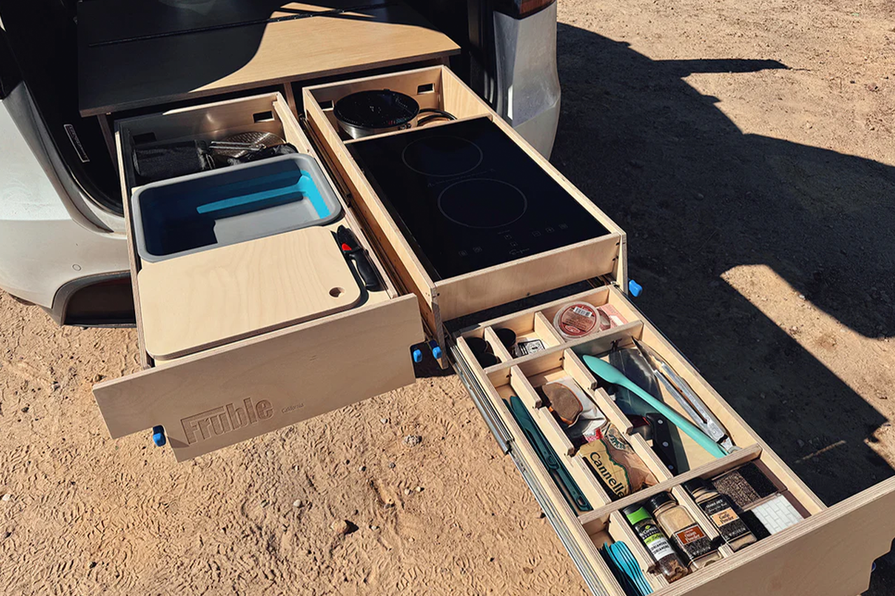 Modular Camp Kitchen, Sleep / Bedding Platform and Storage Drawer System for Tesla Model Y - by Fruble