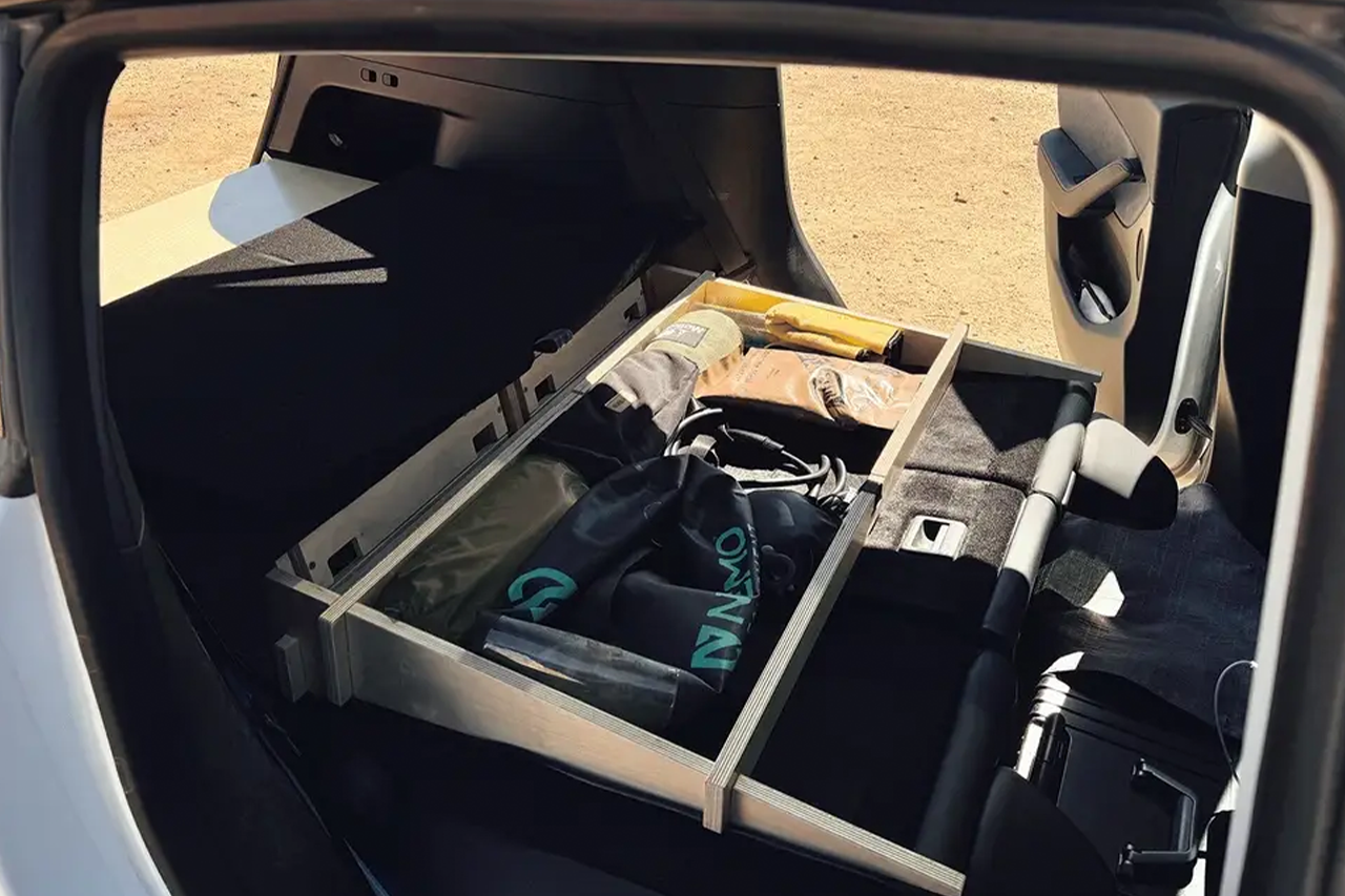 Modular Camp Kitchen, Sleep / Bedding Platform and Storage Drawer System for Tesla Model Y - by Fruble