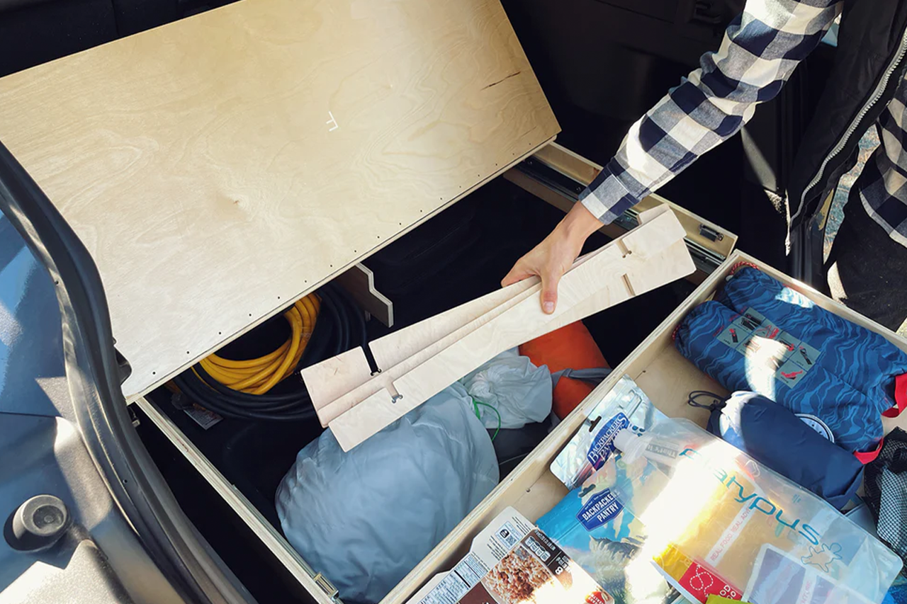 Modular Camp Kitchen, Sleep / Bedding Platform and Storage Drawer System for Tesla Model Y - by Fruble