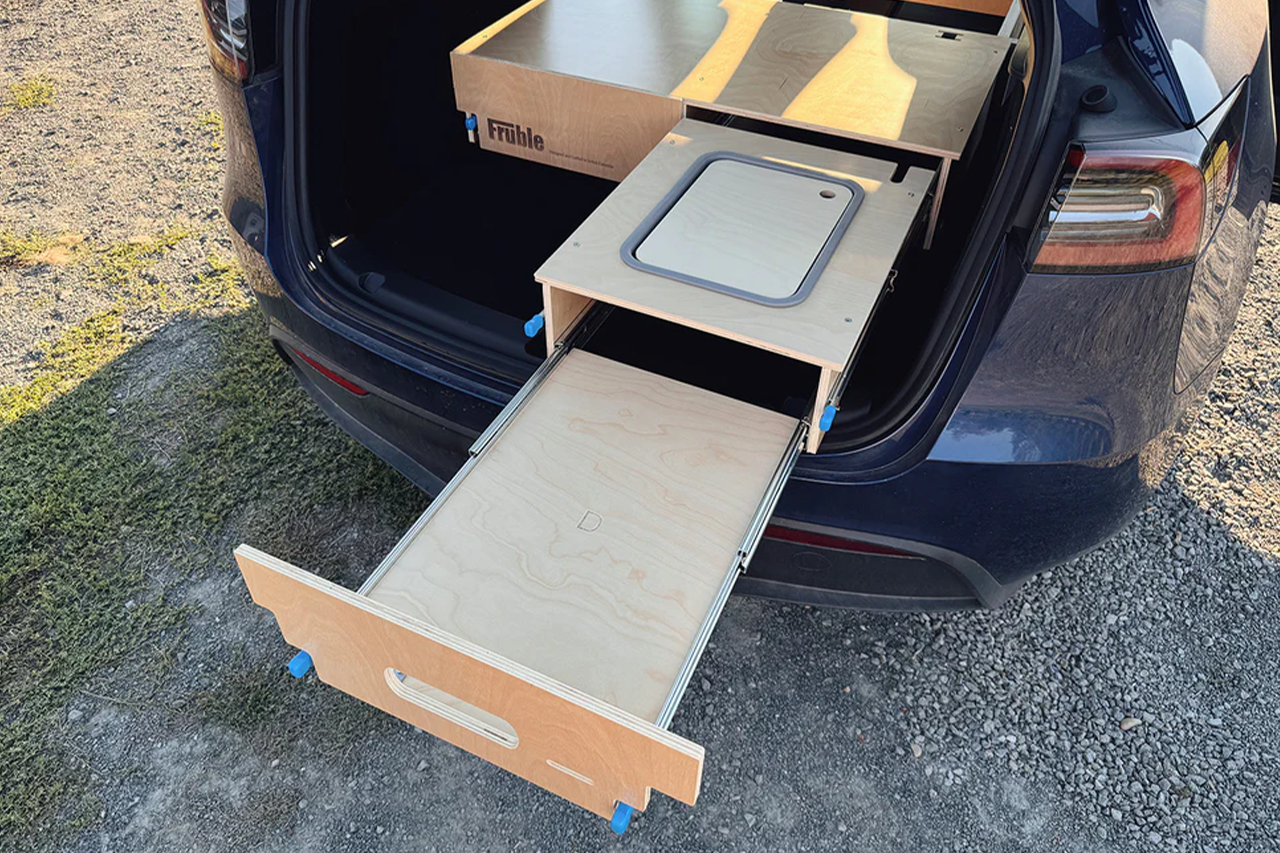 Modular Camp Kitchen, Sleep / Bedding Platform and Storage Drawer System for Tesla Model Y - by Fruble