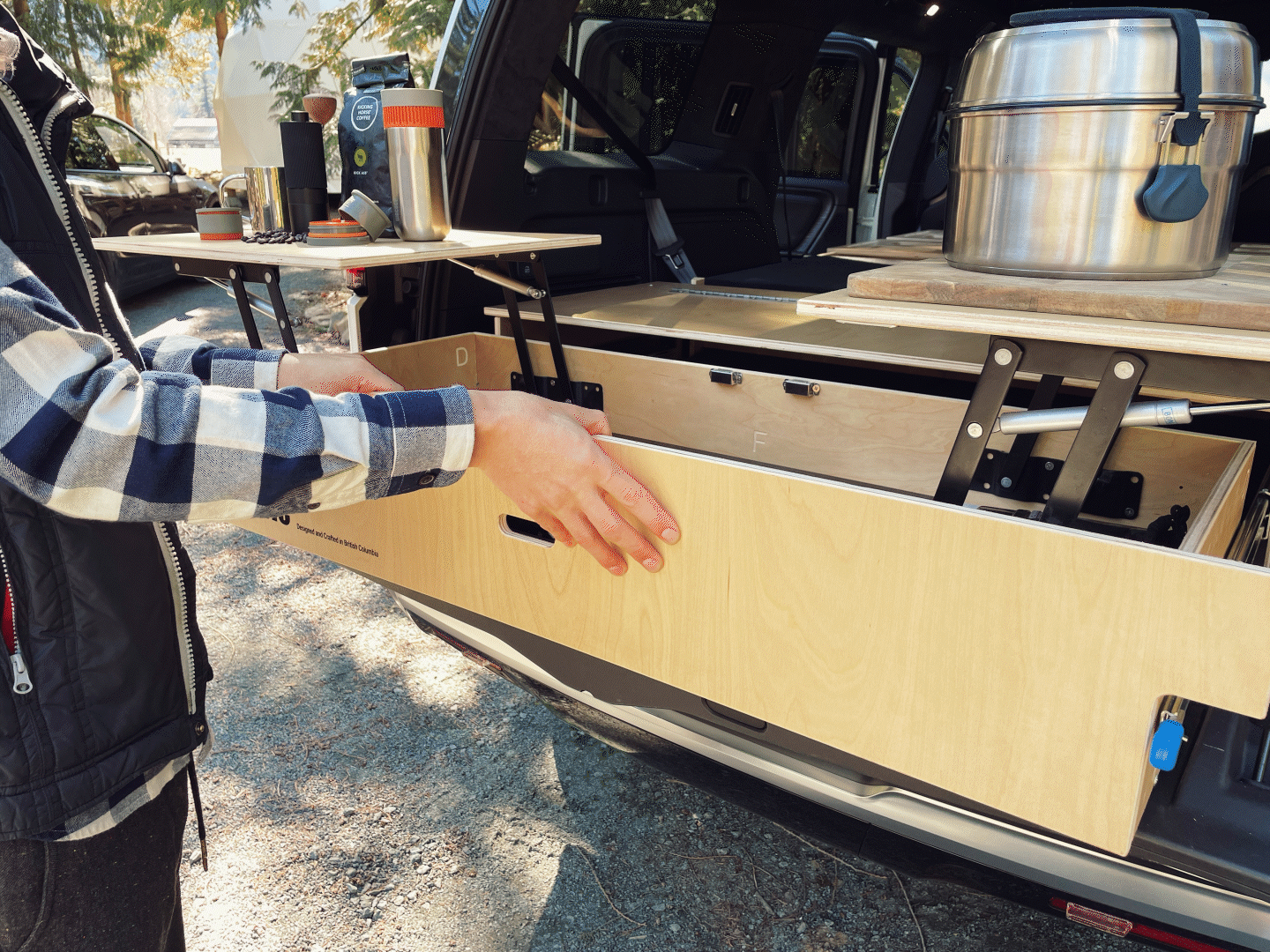 Modular Camp Kitchen, Sleep / Bedding Platform and Storage Drawer System for Rivian R1S Rear Cargo Area - by Fruble