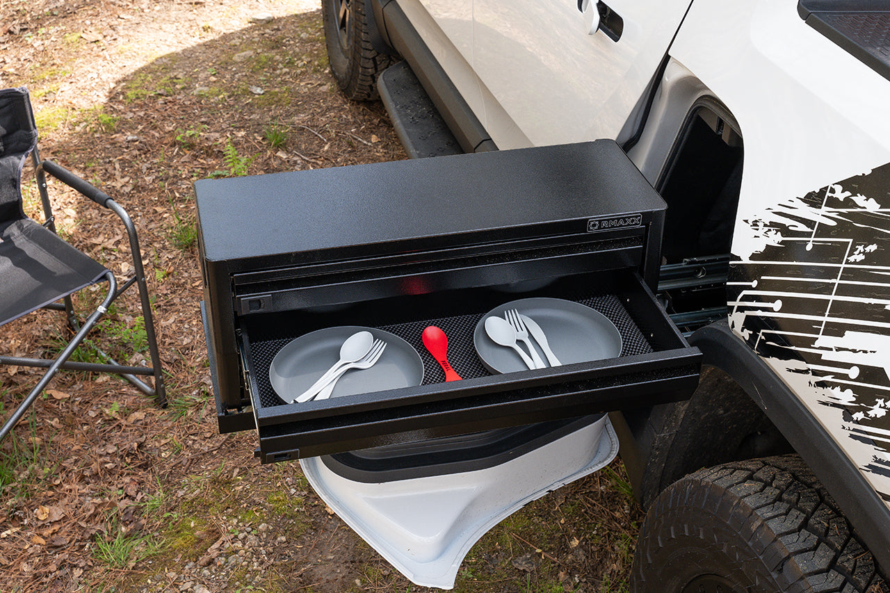 Team 1EV RMAXX Gear Tunnel Dual Slide Out Trolley Sled and Storage Chests & Boxes for Rivian R1T