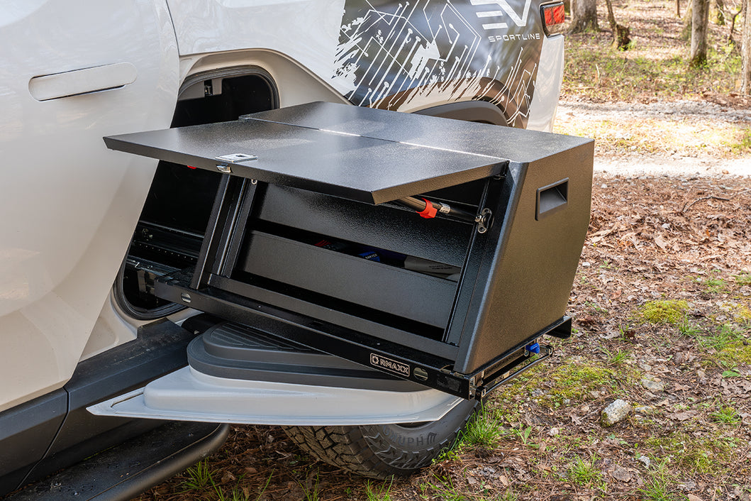 gear tunnel rivian Rivian R1T Gear Tunnel Slide Drawer Cargo Slide Out Trolley Sled and Storage Chests