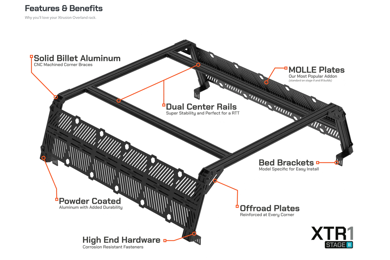 XTR1 Modular Aluminum T-Slot Bed Rack for Rivian R1T by Xtrusion Overland
