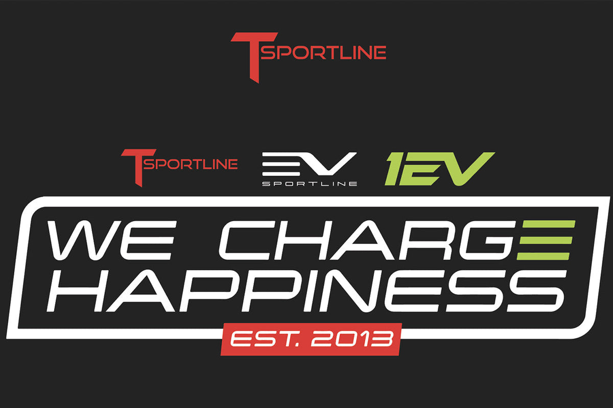 &quot;We Charge Happiness&quot; Black Crew Neck T-Shirt by EV Sportline / Team 1EV / T Sportline