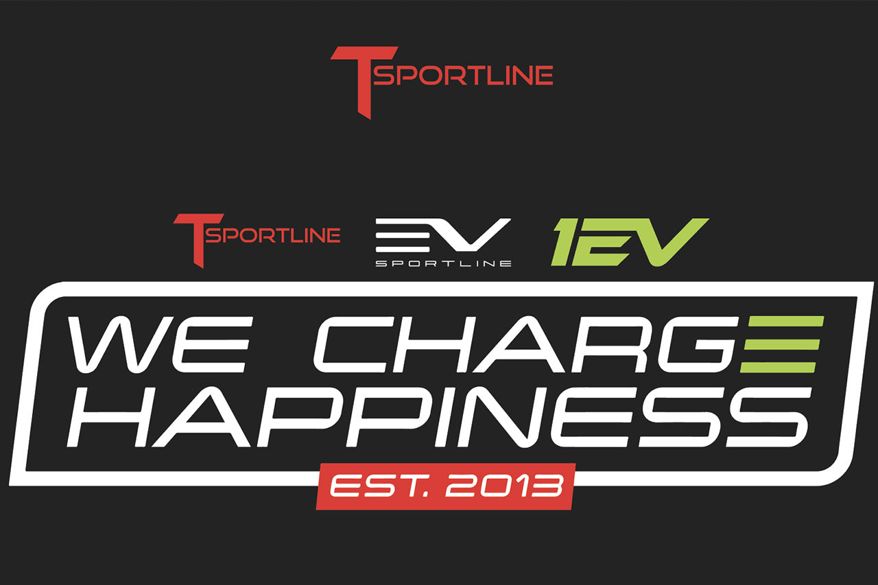"We Charge Happiness" Black Crew Neck T-Shirt by EV Sportline / Team 1EV / T Sportline