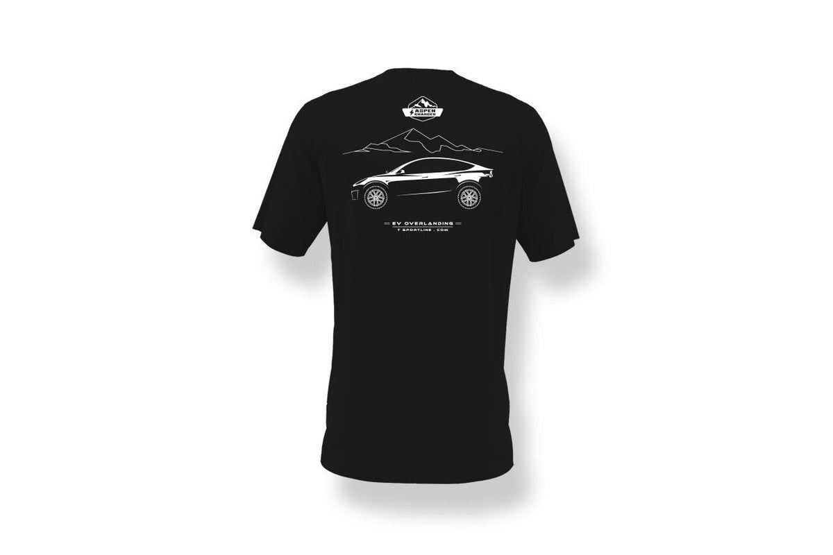 Lifted Tesla Model Y &quot;Aspen Charged EV Overlanding&quot; Black Crew T-Shirt by T Sportline