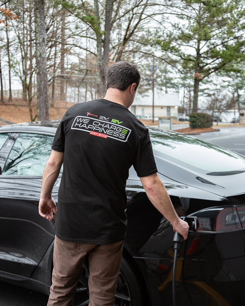 "We Charge Happiness" Black Crew Neck T-Shirt by EV Sportline / Team 1EV / T Sportline