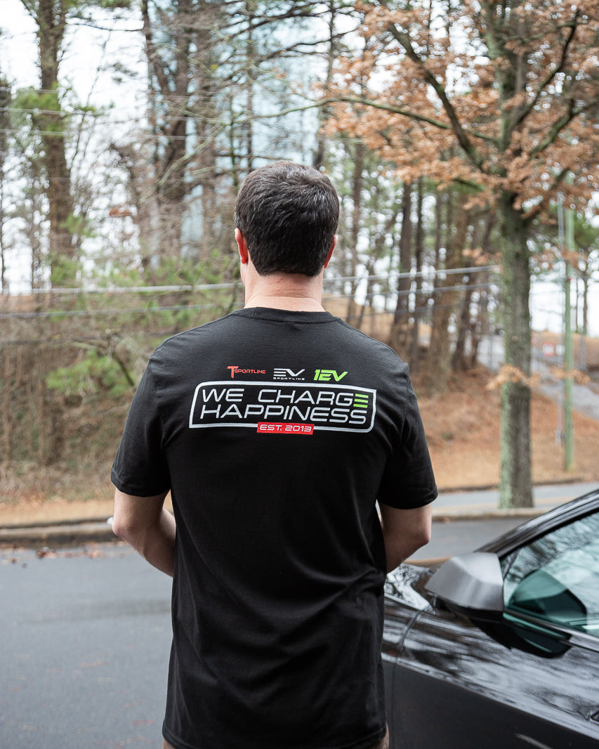 "We Charge Happiness" Black Crew Neck T-Shirt by EV Sportline / Team 1EV / T Sportline