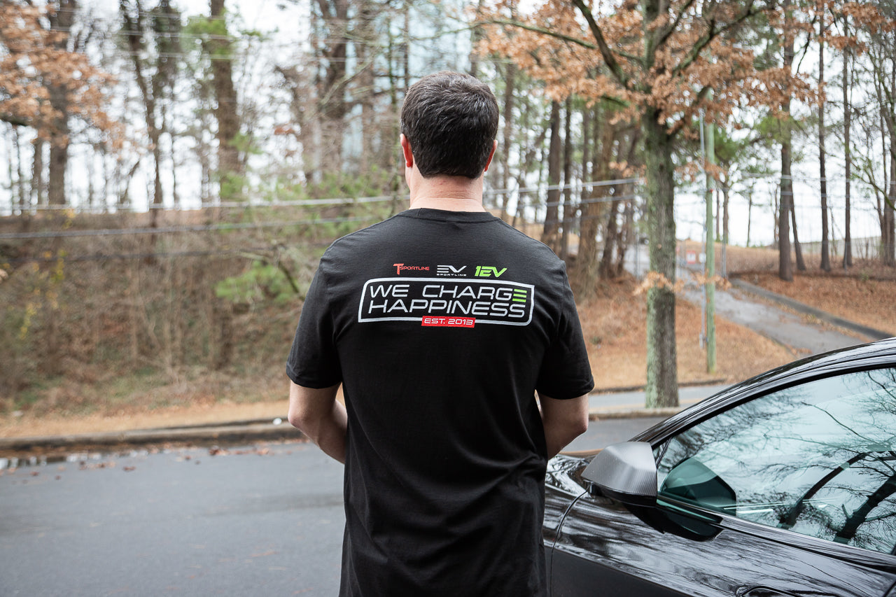 "We Charge Happiness" Black Crew Neck T-Shirt by EV Sportline / Team 1EV / T Sportline